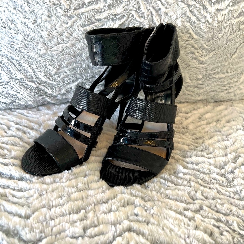 Michael Kors black open toe high heel shoe